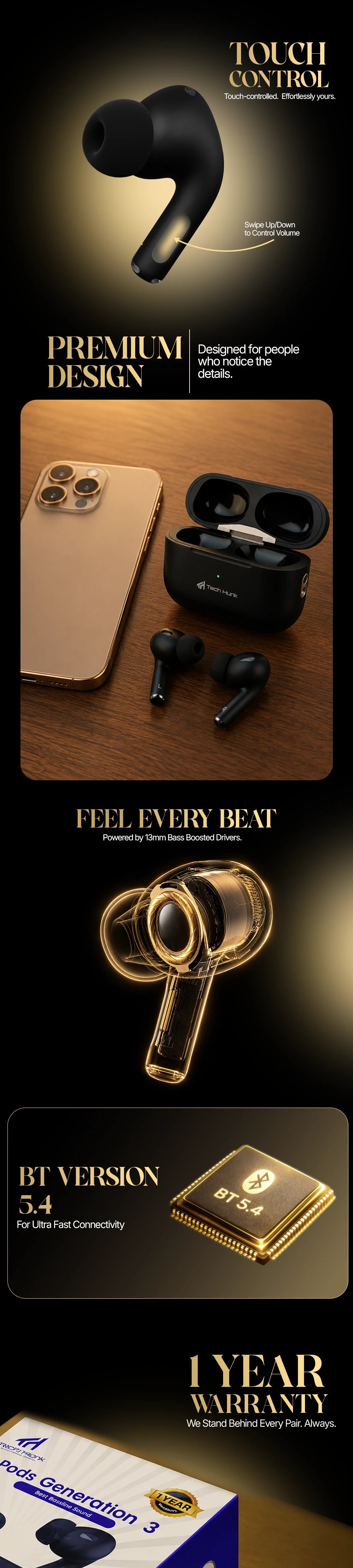 TH Pods Gen 3 Matte Black Earbuds