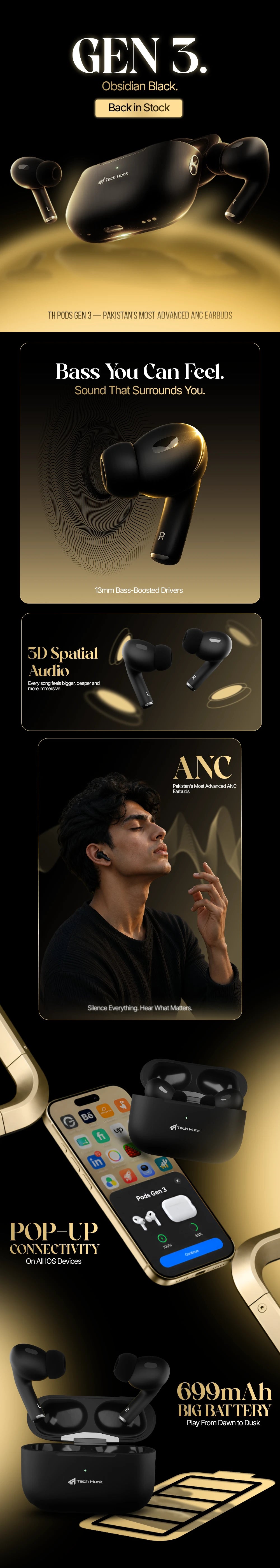 TH Pods Gen 3 Matte Black Earbuds